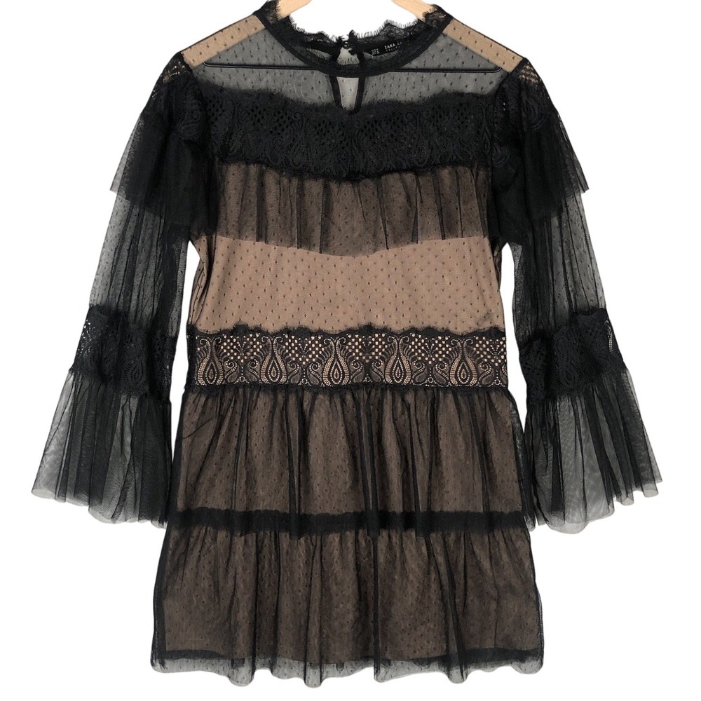 ZARA Mini Dress Sz M Black Tiered Lace Tulle Ruffle Whimsigoth Layered Lined‎
